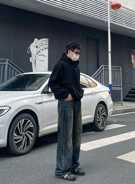 DAL 深蓝色阔腿直筒牛仔裤男2025年秋冬新款复古水洗做旧锈迹裤子