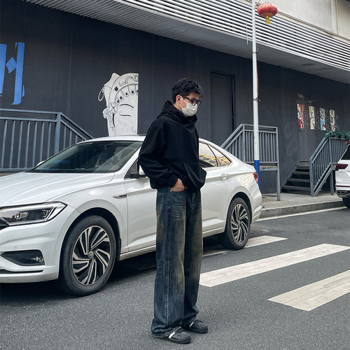 深蓝色阔腿直筒牛仔裤男