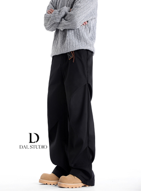 DAL 美式阔腿潮流西裤男秋冬加绒褶皱宽松设计黑色垂坠感休闲裤女