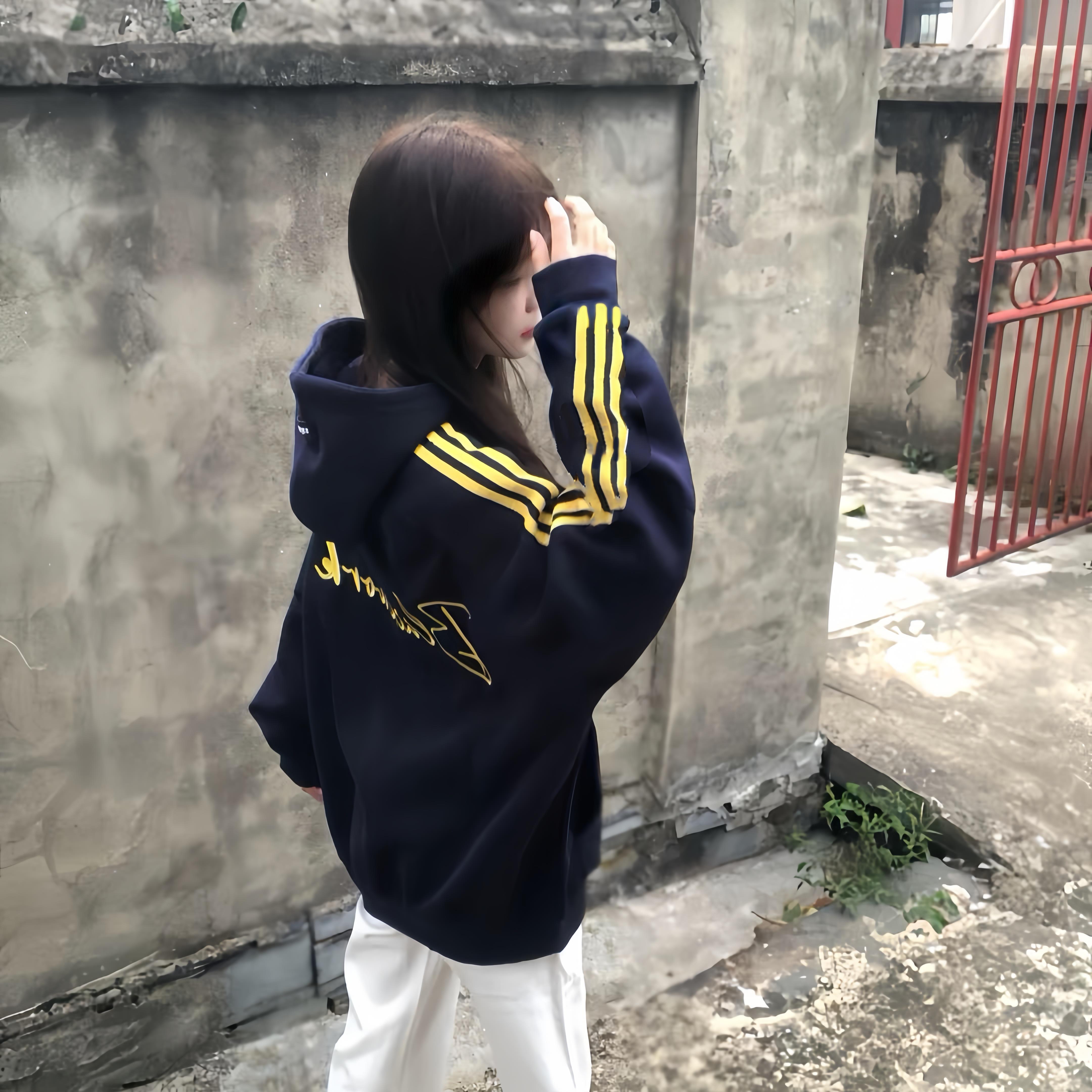 美式复古三条杠连帽卫衣