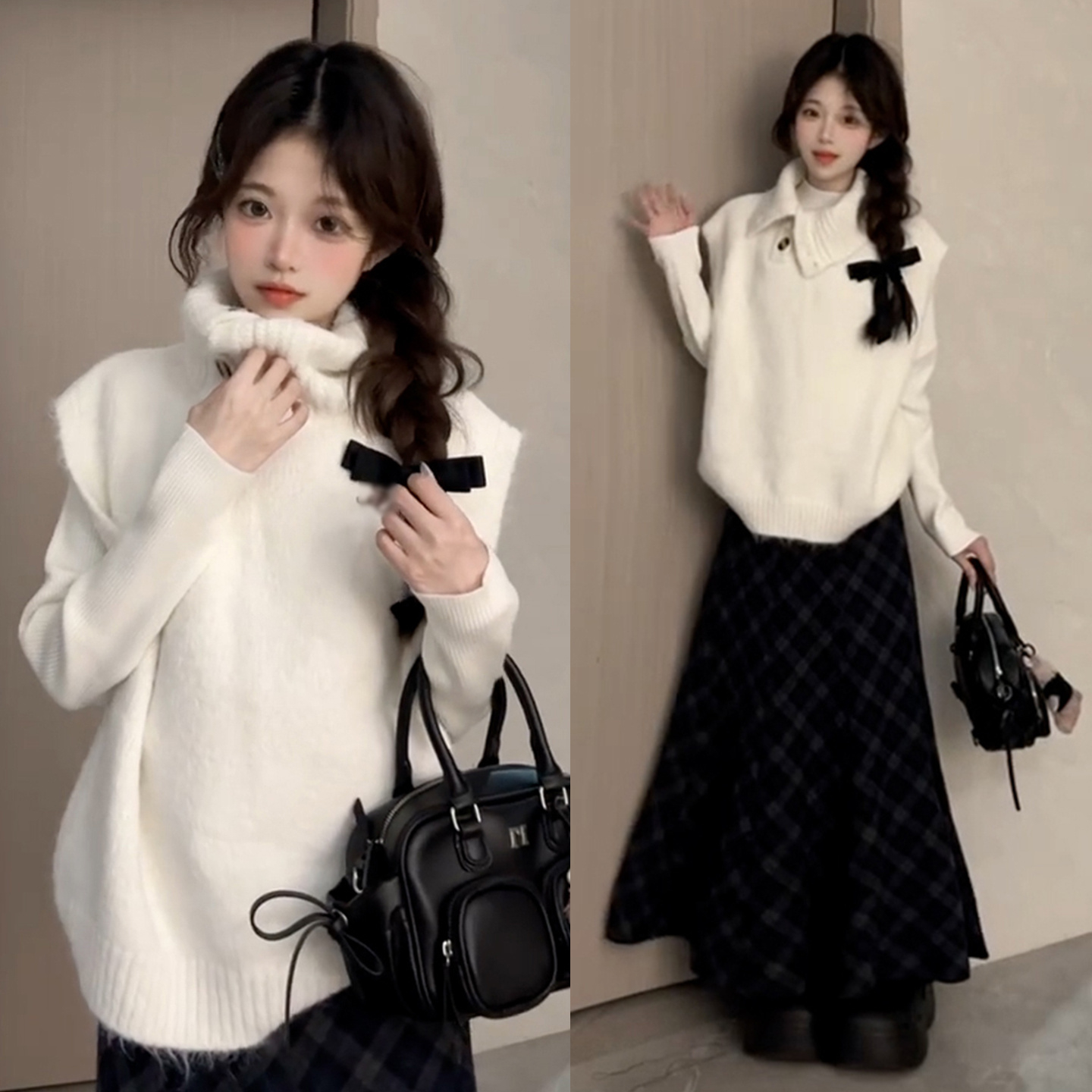 法式高级感白色针织连衣裙子女秋冬季2025新款巨好看的冬装一整套