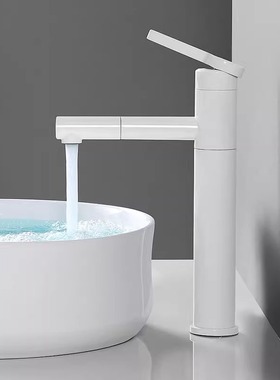 全铜抽拉式水龙头洗脸盆卫生间浴室柜台上盆阳台家用白色龙头加高