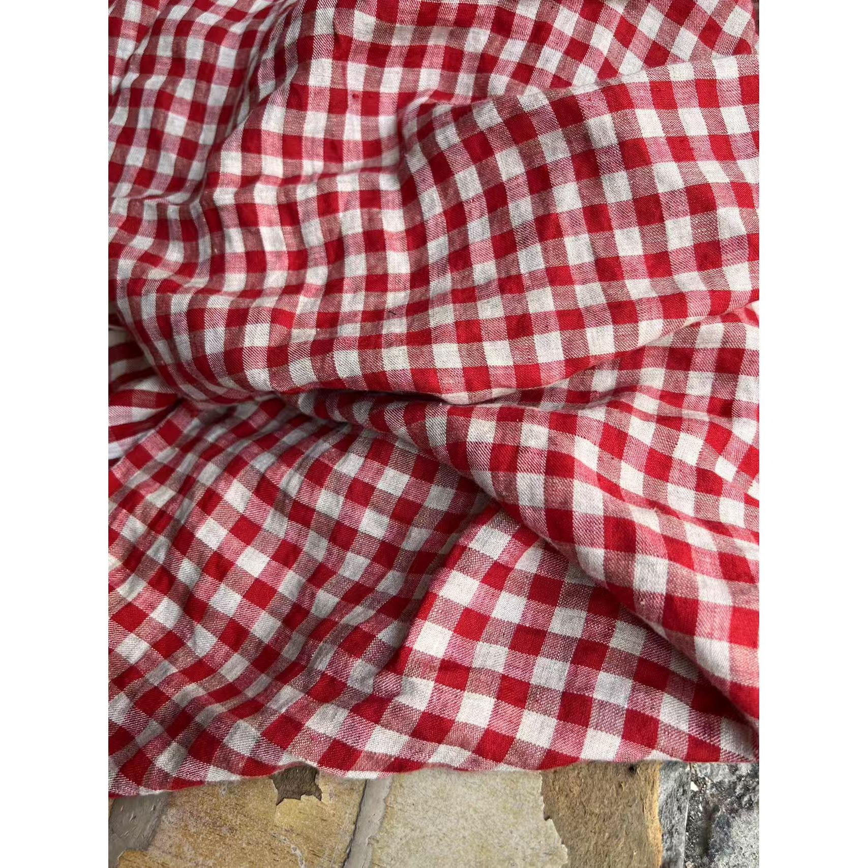雨露麻色织红色格纯亚麻格子布料旗袍连衣裙衬衫裤子服装面料