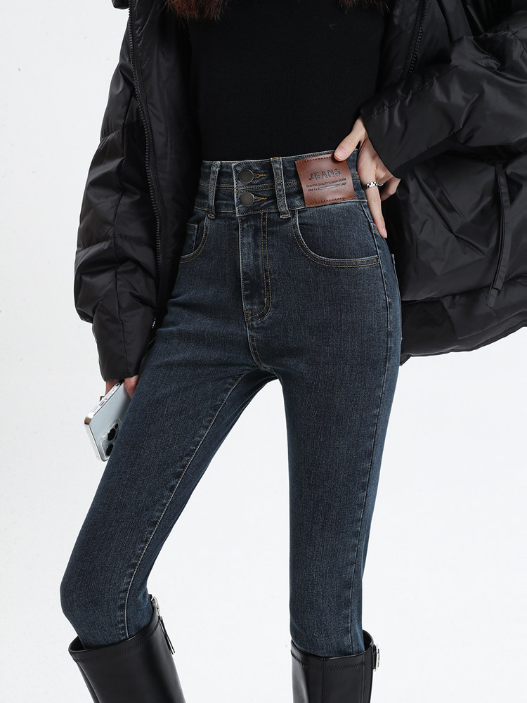 高腰紧身小脚牛仔裤女秋冬季加绒小个子弹力修身显瘦铅笔九分靴裤