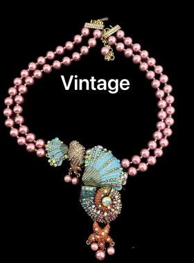 【楠阁】Vintage中古双层满镶捷克钻珐琅 贝壳海螺扇贝坠珍珠项链