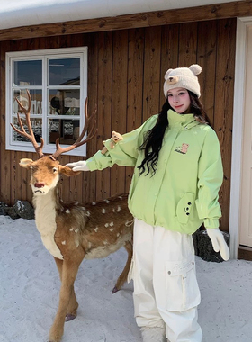 Skibear原创滑雪服25新款绿色小熊外套清新防水加绒保暖透气可爱
