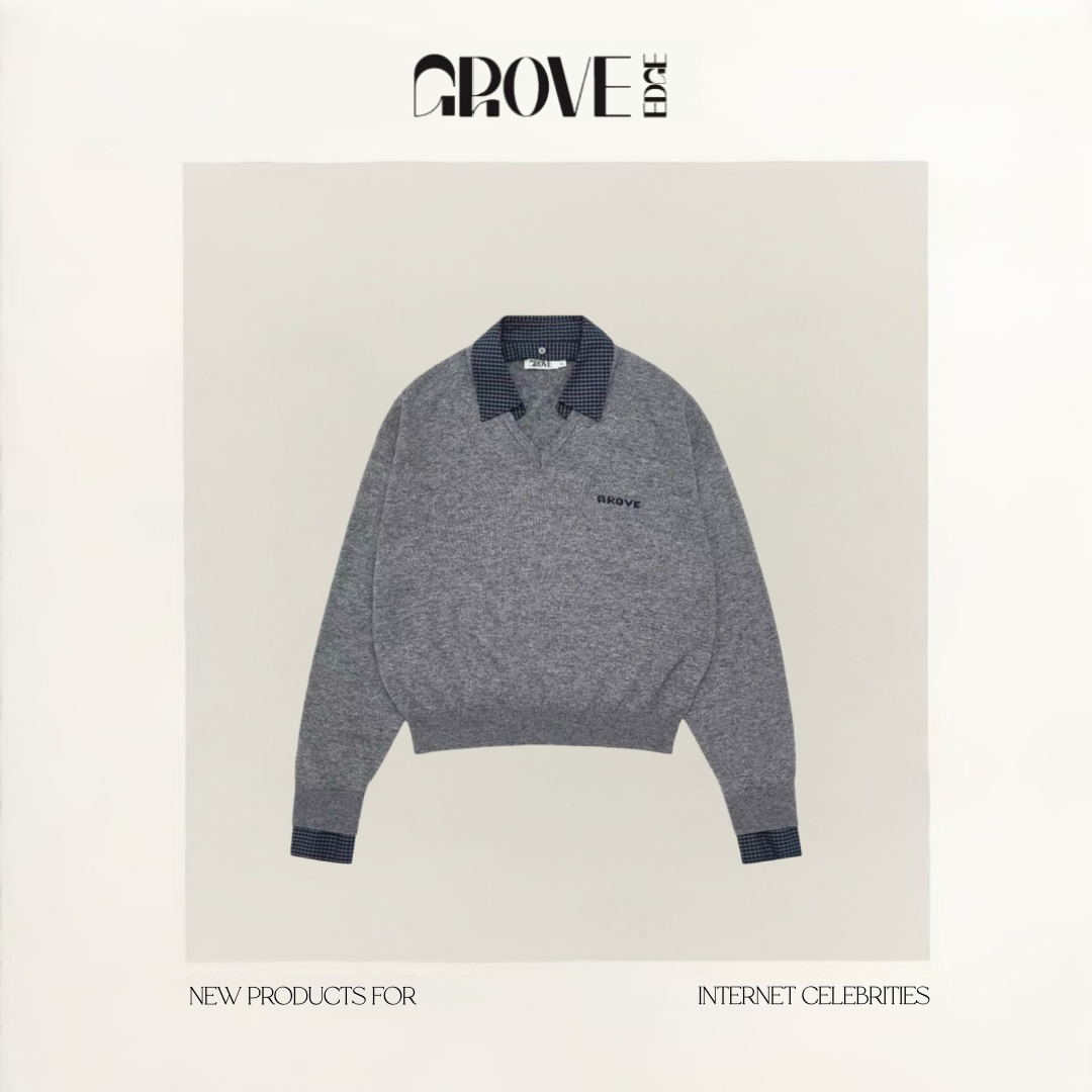 【现货】GROVE EDGE韩国小众假两件格纹拼接v领针织衫上衣毛衣女