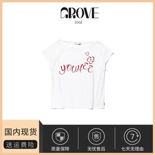 【现货】GROVE EDGE朴秀荣同款韩国小众露肩T恤玫瑰短袖斜肩上衣