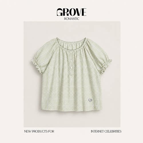 【现货】GROVE ROMANTIC韩国格纹泡泡袖衬衫韩系女装纽扣短袖小衫