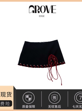 【现货】GROVE EDGE韩国小众侧前开叉红色系绳边饰半身短裙包臀裙
