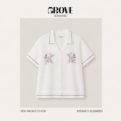 【现货】GROVE ROMANTIC韩系马赛克刺绣花卉短袖衬衫翻领显瘦上衣