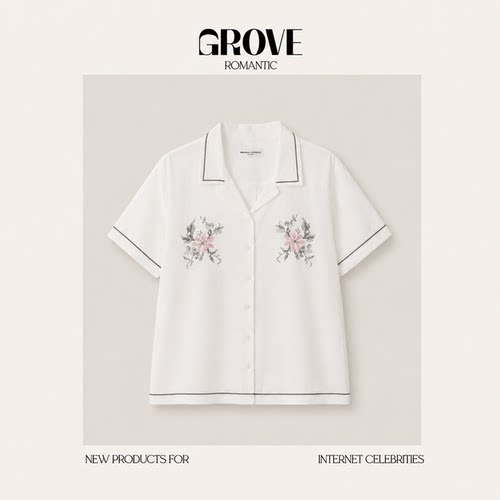 【现货】GROVE ROMANTIC韩系马赛克刺绣花卉短袖衬衫翻领显瘦上衣