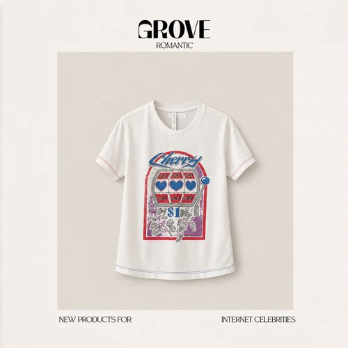 【现货】GROVE ROMANTIC夏季韩国东大门复古趣味爱心樱桃印花T恤