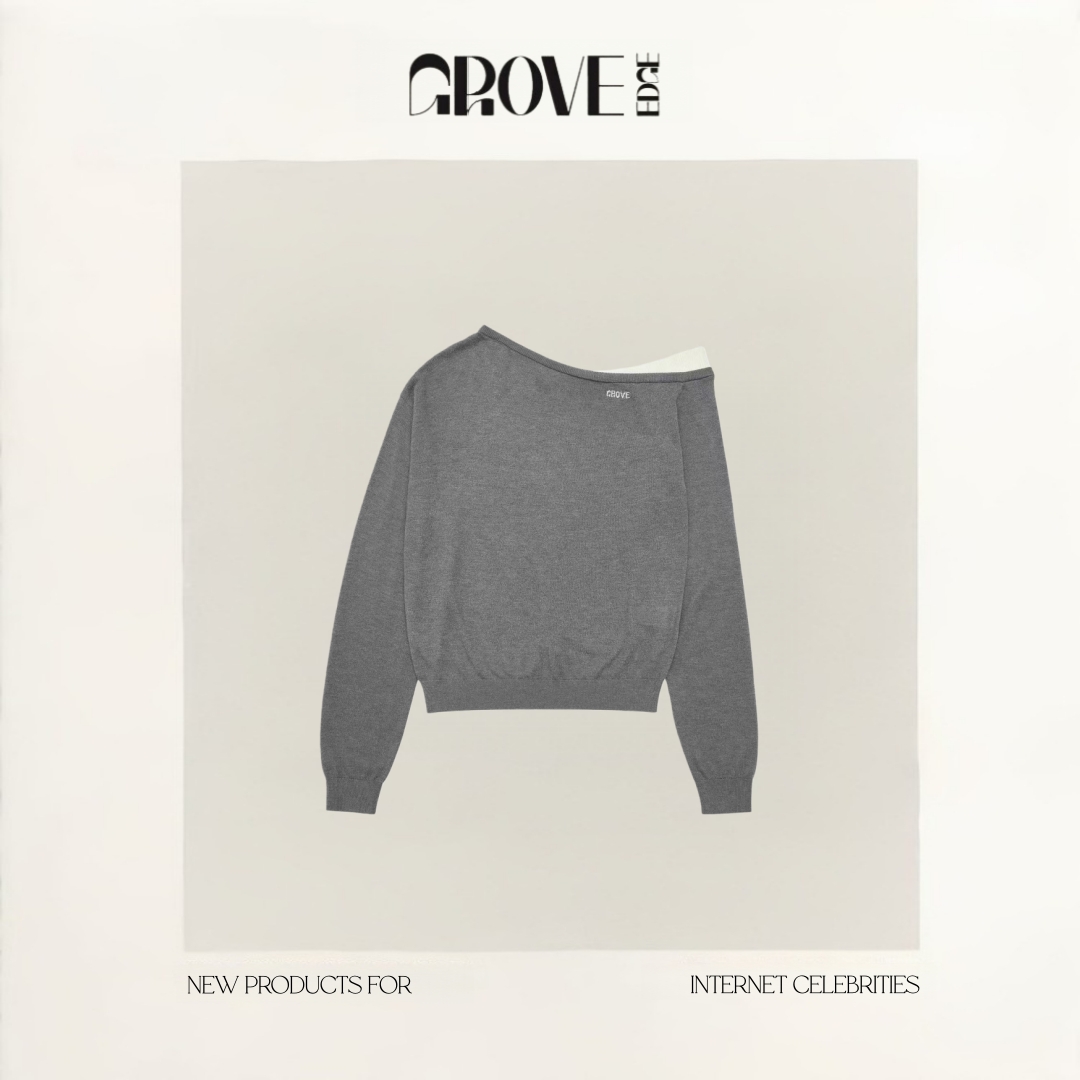 【现货】GROVE EDGE韩国小众斜露肩假两件拼接长袖针织衫上衣