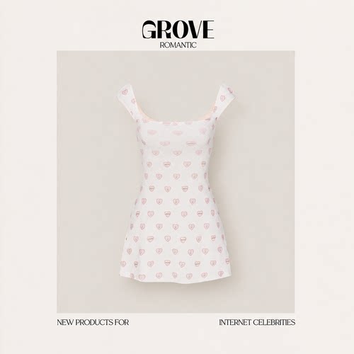 【现货】GROVE ROMANTIC满印Logo修身爱心方领吊带连衣裙纯欲包臀