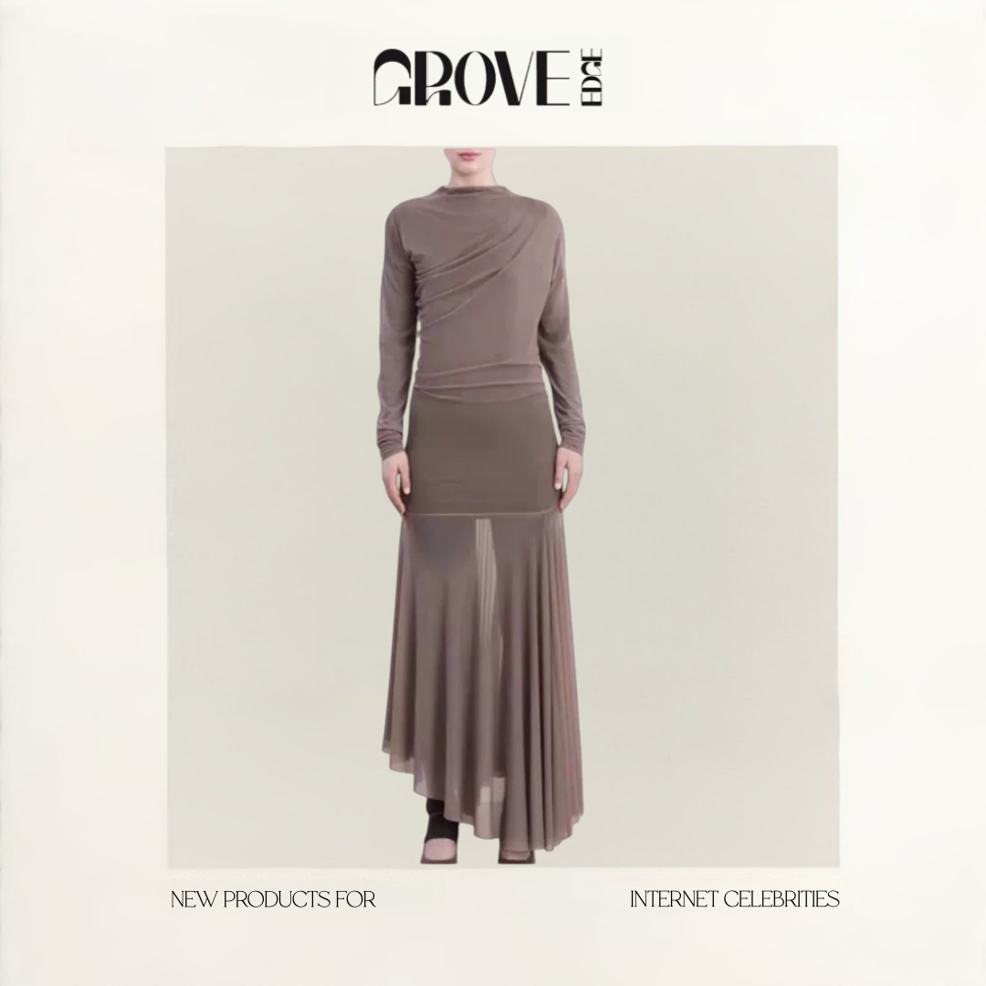 【现货】GROVE EDGE韩小众Jennie透视网纱拼接鱼尾裙摆长袖连衣裙