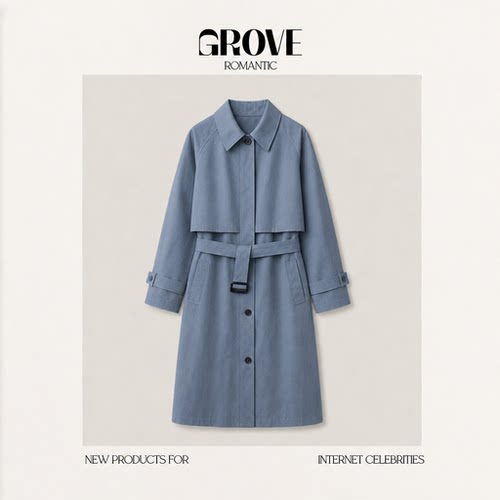 【现货】GROVE ROMANTIC腰带款单排扣风衣韩系女装翻领中长外套