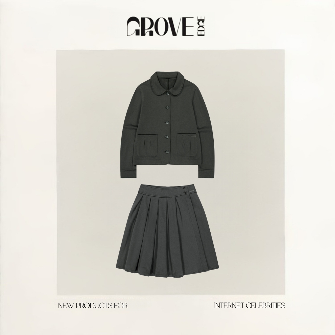 【现货】GROVE EDGE纯色学院风套装娃娃领外套百褶半身裙两件套