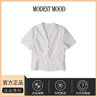 【现货】韩国modest mood简约纯色流苏宽松休闲V领短袖衬衫上衣女