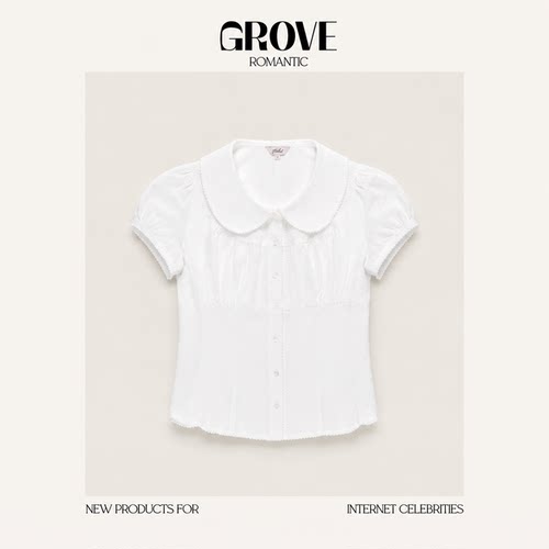 【现货】GROVE ROMANTIC韩版Jennie款气质娃娃领收腰短袖衬衫上衣
