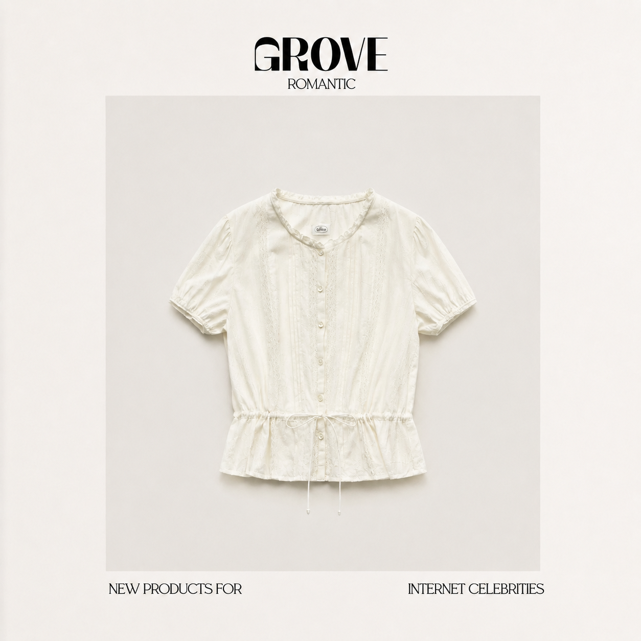 【现货】GROVE ROMANTIC韩系八奶泡泡袖衬衫系带收腰蕾丝短袖上衣