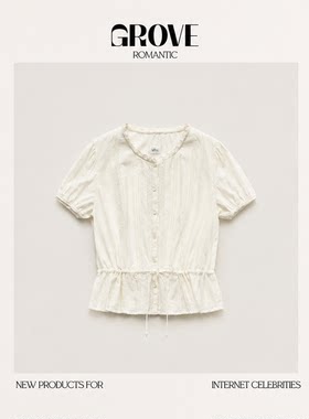 【现货】GROVE ROMANTIC韩系八奶泡泡袖衬衫系带收腰蕾丝短袖上衣