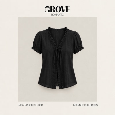 【现货】GROVE ROMANTIC韩系V领泡泡袖衬衫荷叶边短袖系带上衣