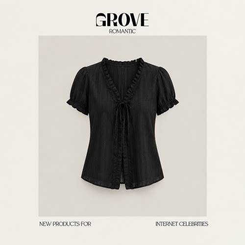 【现货】GROVE ROMANTIC韩系V领泡泡袖衬衫荷叶边短袖系带上衣