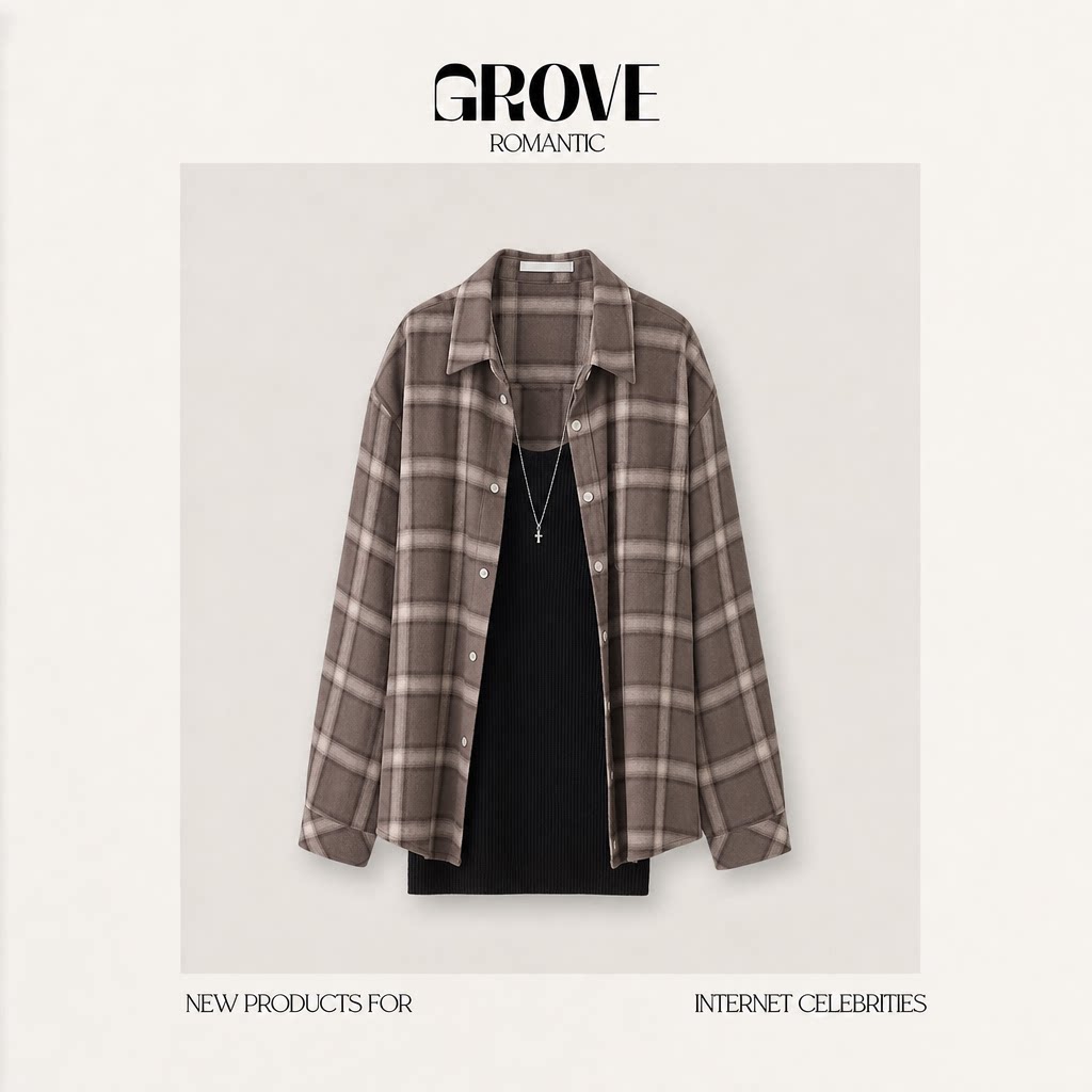 【现货】GROVE ROMANTIC做旧磨毛格子翻领长袖衬衫女宽松休闲上衣