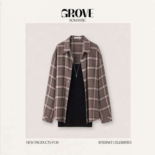 【现货】GROVE ROMANTIC做旧磨毛格子翻领长袖衬衫女宽松休闲上衣