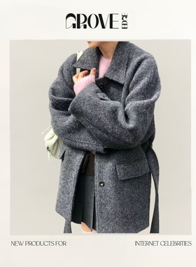 【现货】GROVE EDGE东大门韩系羊驼毛呢秋冬季粉色加厚单排扣大衣