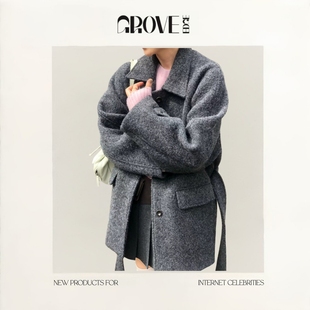 EDGE东大门韩系羊驼毛呢秋冬季 GROVE 粉色加厚单排扣大衣 现货