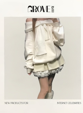 【现货】GROVE EDGE一字肩拼接针织蝴蝶结连帽卫衣女宽松显瘦上衣