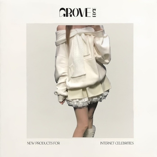 EDGE一字肩拼接针织蝴蝶结连帽卫衣女宽松显瘦上衣 GROVE 现货