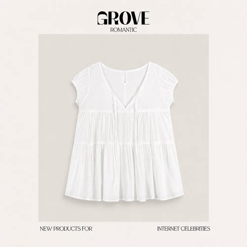 【现货】GROVE ROMANTIC韩系系带微透蕾丝花边衬衫连衣裙裤子套装