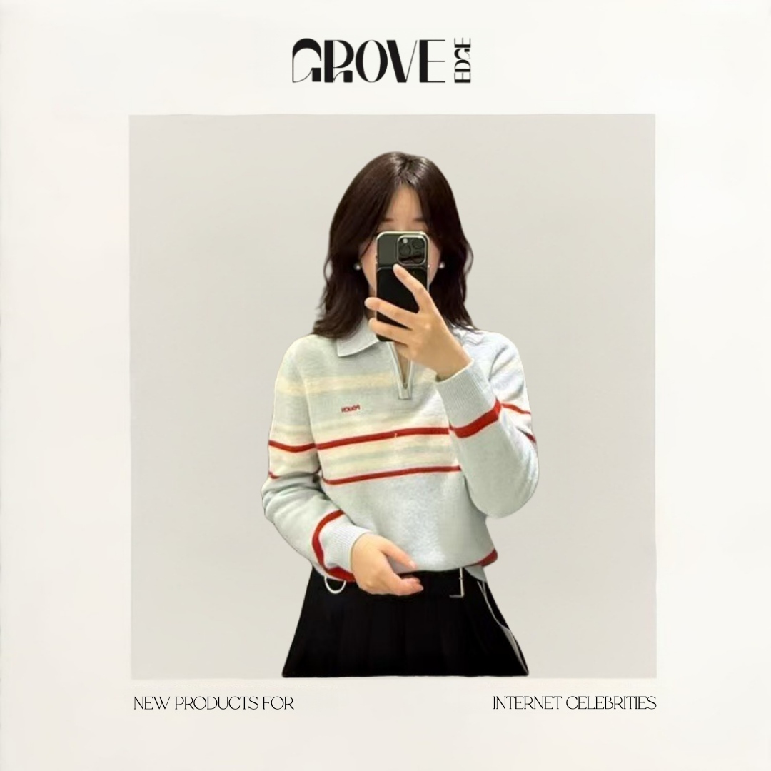 【现货】GROVE EDGE羊毛软糯韩国pouch半拉链条纹polo针织衫毛衣