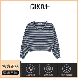 秋冬条纹袖 韩国小众coyseio 口褶皱宽松圆领毛衣针织衫 现货