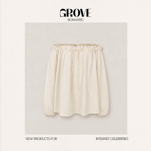 【现货】GROVE ROMANTIC春季新款韩国设计师一字肩荷叶边衬衫