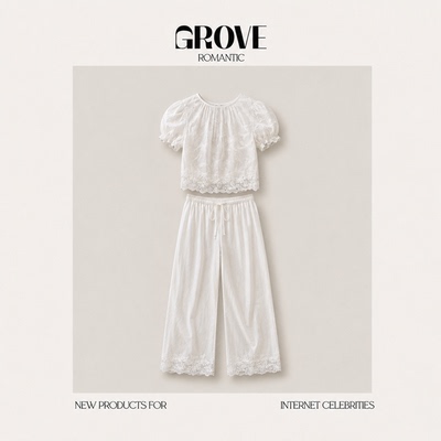 【现货】GROVE ROMANTIC韩国蕾丝花边泡泡袖短袖衬衫直筒裤套装女