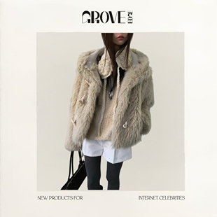 【现货】GROVE EDGE皮草牛角扣连帽短款外套女秋冬加厚保暖上衣