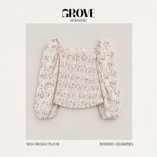 【现货】GROVE ROMANTIC韩国方领碎花衬衫韩系女装褶皱泡泡袖上衣