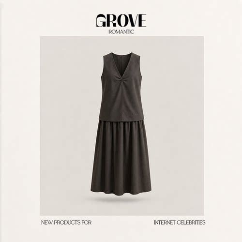 【现货】GROVE ROMANTIC夏季新款韩国设计师挂脖露背衬衫褶皱裙裤