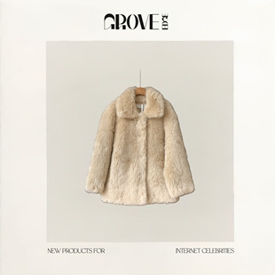 EDGE翻领单排扣中长款 GROVE 皮草外套加厚保暖气质毛上衣 现货
