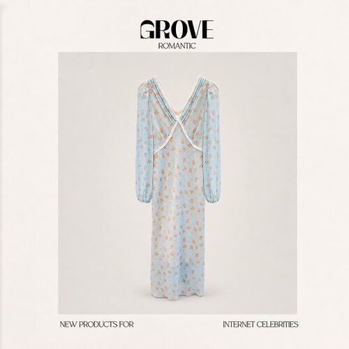【现货】GROVE ROMANTIC济州岛的风~花边V领碎花收腰系带连衣裙夏