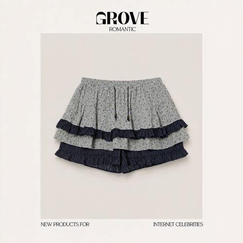 【现货】GROVE ROMANTIC韩国少女风碎花拼接系带短袖T恤层叠裙裤