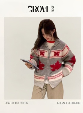 【现货】GROVE EDGE韩国东大门fure 图案翻领针织开衫毛衣外套女