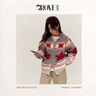 【现货】GROVE EDGE韩国东大门fure 图案翻领针织开衫毛衣外套女