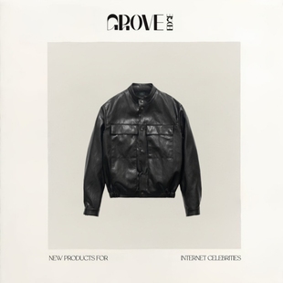【现货】GROVE EDGE韩国设计师八奶黑皮衣韩系甜酷亮面皮外套夹克
