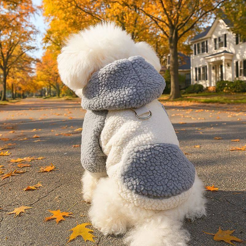 宠物衣服秋冬新品保暖加绒韩版卫衣暖色御寒抗寒羔羔绒牵引卫衣