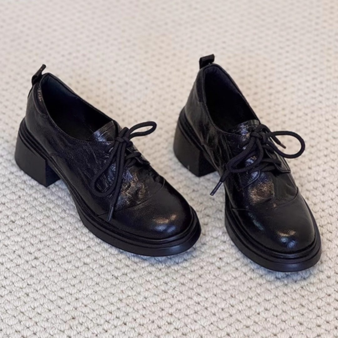 牛皮版~厚底小皮鞋女英伦风系带单鞋黑色高跟鞋粗跟乐福马丁鞋子,女鞋,浅口单鞋,淘宝优惠券,粉丝福利购,淘宝优惠卷